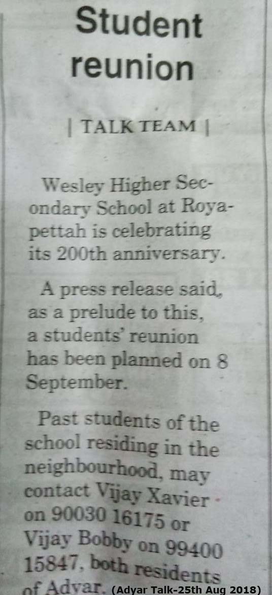 Wesley School Alumni Reunion on 8th September 2018